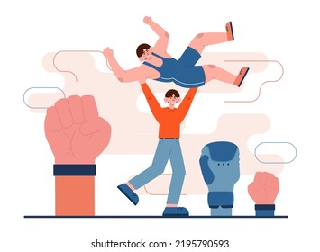 Two groups of people fighting, battle among people. Business or social controversy or disagreement. Different interests or two opposites conflict. Flat vector illustration
