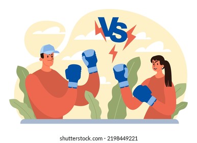 Two groups of people fighting, battle among people. Business or social controversy or disagreement. Different interests or two opposites conflict. Flat vector illustration