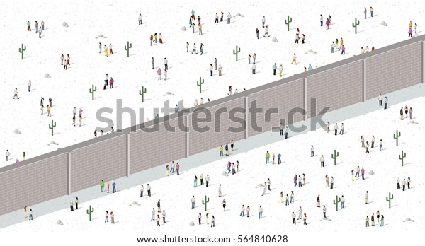 Two groups of people separated by wall. Brick\
wall dividing people.\
