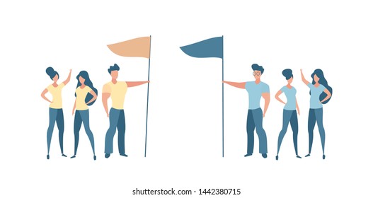 Two groups of people women and men in different teams holding a flag. Modern flat vector illustration for presentation.