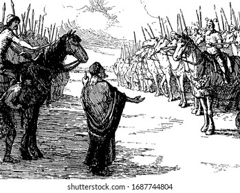 Dos grupos de soldados con lanzas a caballo y un anciano parados entre ellos, dibujos de líneas antiguas o ilustraciones grabadoras