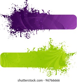 Two Grunge Banner In Purple And Green Colors With Wave Design And Stars