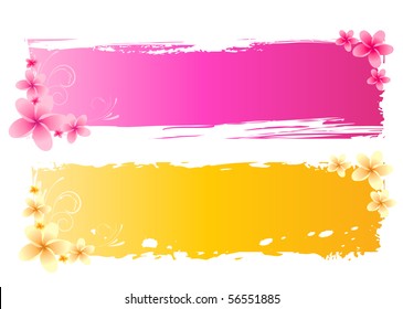 Two grunge banners with frangipani flowers and swirls ornament