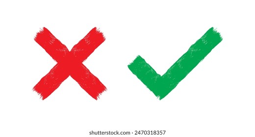 Two grunge hand drawn brush strokes - cross x and check mark on. Check boxes for NO and YES buttons to vote in checkbox, list, online. Agreement and disagreement symbol isolated on white. vector