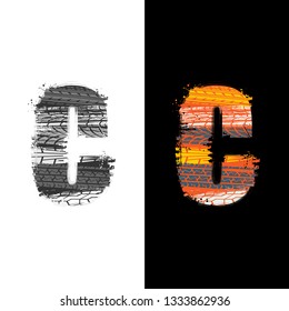 Two grunge letter C with tire tracks isolated on differennt backgrounds