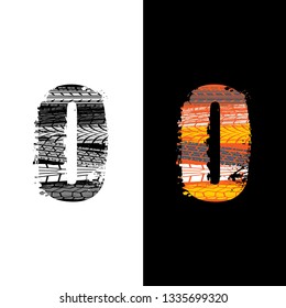 Two grunge number 0 with tire tracks isolated on differennt backgrounds