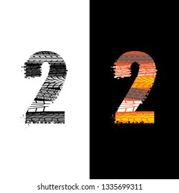 Two grunge number 2 with tire tracks isolated on differennt backgrounds