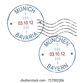 Two grunge stamp ''Munich - Bavaria''. English and german quote. White background.