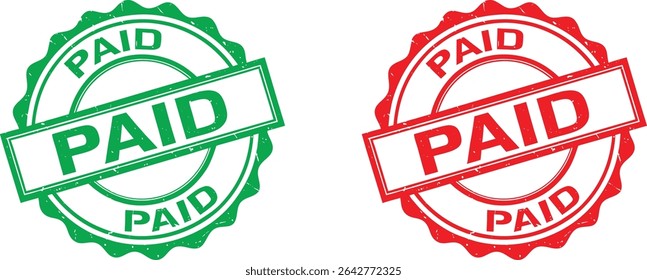 Dois selos de estilo grunge 'PAGO' em vermelho e verde. Perfeito para ilustrar a confirmação de pagamento, faturas ou transações financeiras. Gráfico vetorial de alta resolução.