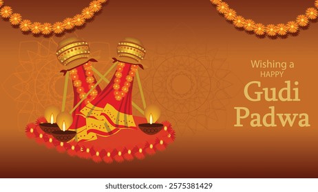 Two Gudi Padwa ceremonial Gudi representations adorned with vibrant orange and red decorations, glowing diyas (oil lamps), and flower garlands. The festive message 'Wishing a Happy Gudi Padwa' accompa