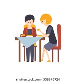 Two Guests Having Lunch At Restaurant Hotel Themed Primitive Cartoon Illustration