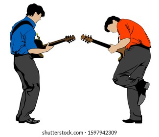 Two guitarists play at a concert. Silhouettes of musicians on a white background