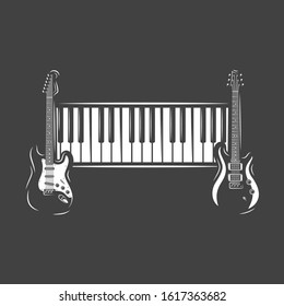 Two guitars and piano keyboard isolated on black background. Design element for music logos, labels, emblems. Vector illustration