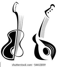 Two guitars - stylized black & white vector image of string musical instruments.