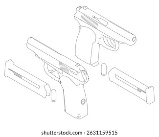 Dos armas se muestran en un dibujo en blanco y negro. Las armas están en una vista de sección transversal, con el cañón y la corredera claramente visibles. Concepto de precisión y detalle. Vista isométrica