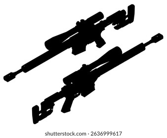 Two guns are shown in a black and white silhouette. The guns are positioned next to each other, with one gun slightly to the left of the other. Concept of power and strength