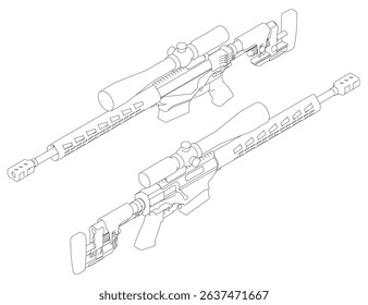 Two guns are shown in a black and white drawing. The guns are of the same type and are positioned side by side. Concept of uniformity and precision, as the two guns are identical