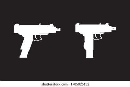 Dos pistolas y un icono de armas, silueta, aislado en negro.