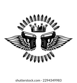 Two guns and wings with king crown. Design element for logo, label, sign, poster, badge. Vector illustration