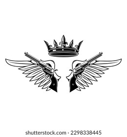 Two guns and wings with king crown. Design element for logo, label, sign, poster, badge. Vector illustration