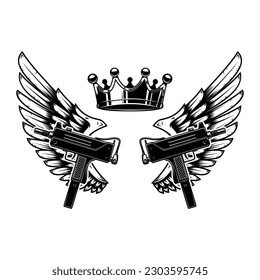 Zwei Gewehre und Flügel mit Königskrone. Design-Element für Logo, Label, Zeichen, Poster, Badge. Vektorgrafik