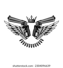 Dos armas y alas con corona real. Elemento de diseño para logotipo, etiqueta, signo, afiche, insignia. Ilustración del vector