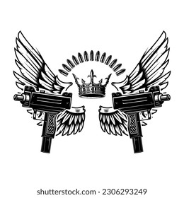 Two guns and wings with king crown. Design element for logo, label, sign, poster, badge. Vector illustration