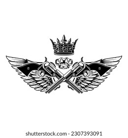 Two guns and wings with king crown. Design element for logo, label, sign, poster, badge. Vector illustration