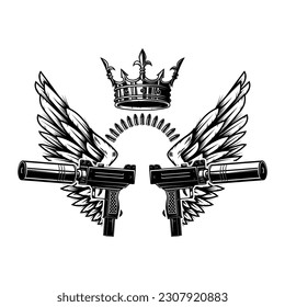 Dos armas y alas con corona real. Elemento de diseño para logotipo, etiqueta, signo, afiche, insignia. Ilustración del vector