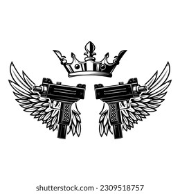 Zwei Gewehre und Flügel mit Königskrone. Design-Element für Logo, Label, Zeichen, Poster, Badge. Vektorgrafik