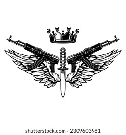 Zwei Gewehre und Flügel mit Königskrone. Design-Element für Logo, Label, Zeichen, Poster, Badge. Vektorgrafik