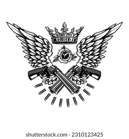 Two guns and wings with king crown. Design element for logo, label, sign, poster, badge. Vector illustration