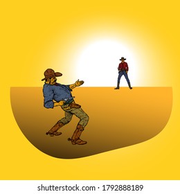 Two gunslinger engaged in a shootout at sunset. Hand drawn vector illustration.