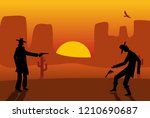 Two gunslingers duel. Desert sunset. Color flat vector illustration