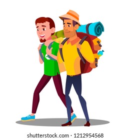 Two Guy Friends Teen Going Hiking With Backpacks Vector. Isolated Illustration
