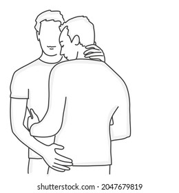 Two guy hugs. Close relationships, tenderness, emotions. Hand drawn vector illustration. Black and white.