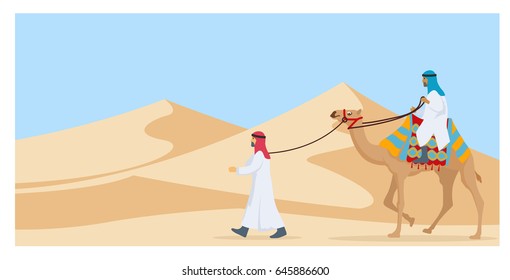 Two guy riding and walking their camel trough desert