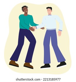 Two guys (a European and an African-American) shake people to each other. People smile, friendship between people