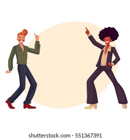 Two guys, in afro wig and with a beehive, wearing 1970s style clothes dancing disco, cartoon vector illustration on background with place for text. Afro wig, beehive, flared pants, retro disco party