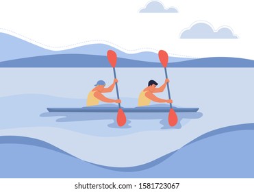 Two guys in a boat are floating on the river, the concept of rowing competitions, canoeing. Vector illustration in a flat style.