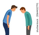 Two guys bowing head and greeting. Thankful or respect expression. Asian as Korean or Japanese polite greeting.