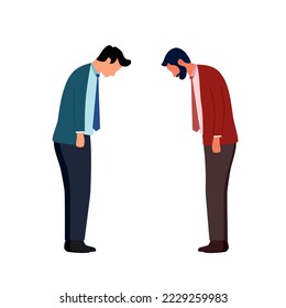 Two guys bowing head and greeting. Thankful or respect expression. Asian polite greeting.
