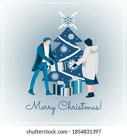 Two guys celebrating Xmas. Two young men in winter clothes drinking champagne near decorated fir tree. Merry Christmas and Happy New Year flat vector illustration