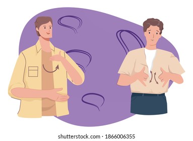 Two guys chat, talk, using sign language, signs and gestures, special needs, disability, deaf people, blank template, flat vector illustration