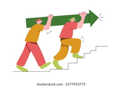 Two guys are climbing up stairs and carrying a big heavy arrow on their shoulders. Concept of team success, growth, prosperity in business, study. Teamwork in work. Vector illustration.