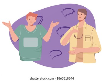 two guys communicate using sign language, hearing disease, deaf, gestures and symbols, concept flat vector illustration