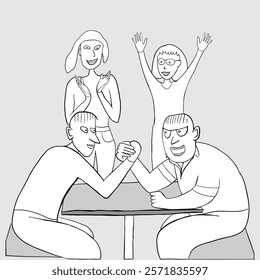 Two guys compete in arm wrestling, and two girls look at them in delight. A company of people is having fun. Cartoon black and white vector illustration.