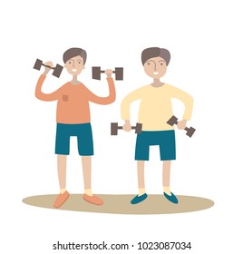 Two guys doing exercises with dumbbells. Healthy lifestyle. Vector illustration, isolated on white background.