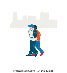 Two Guys Dressed in Seasonal Clothes Walking on Street, Spring Season Outdoor Activities Vector Illustration