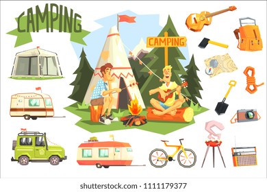 Two Guys Enjoying Camping In Forest Surrounded By Related Objects Icons